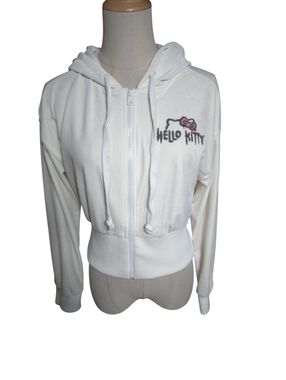 Hello Kitty X Forever 21  White Velour Anime Cropped Zip-Up Hoodie